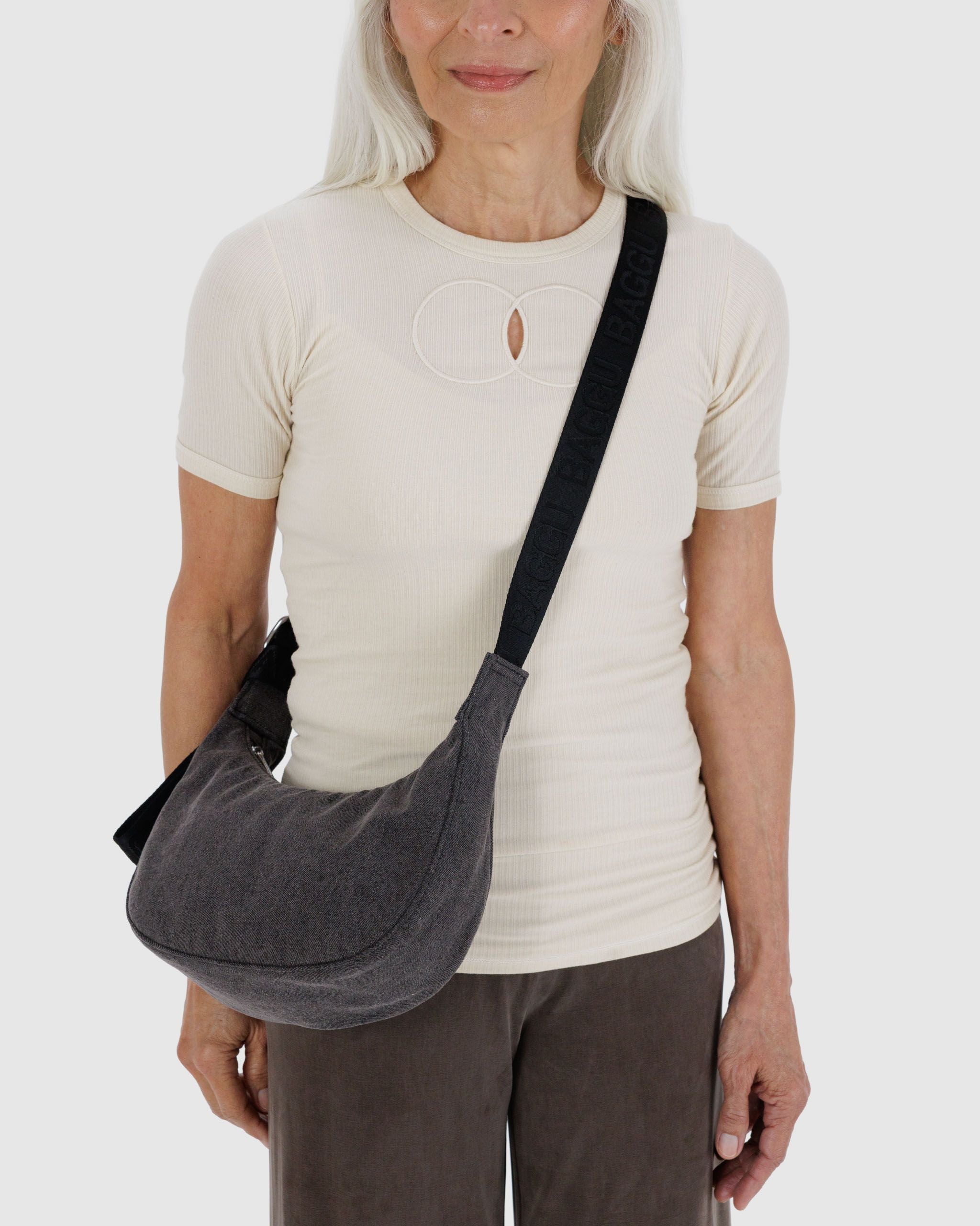 Small Denim Crescent Bag - Washed Black Denim